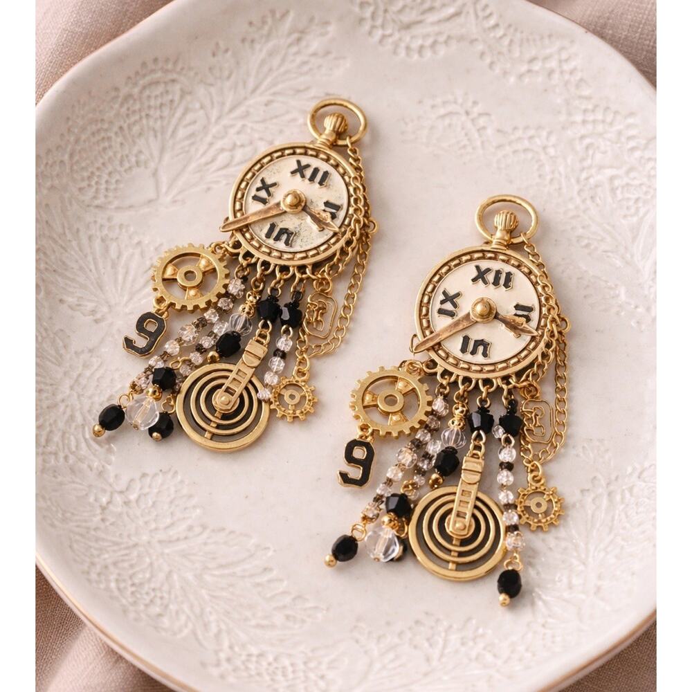Museum Retro Clock Earrings Gold Chain CZ Steampunk Statement Art Boho Gear VTG - Picture 4 of 9